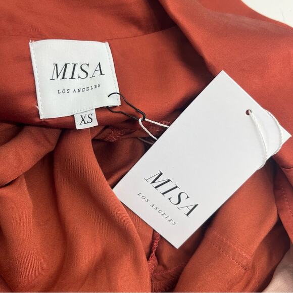 MISA Blair Dress Burnt Orange Satin Midi Long Sleeve Open Back Belted XS NWT - Picture 12 of 14